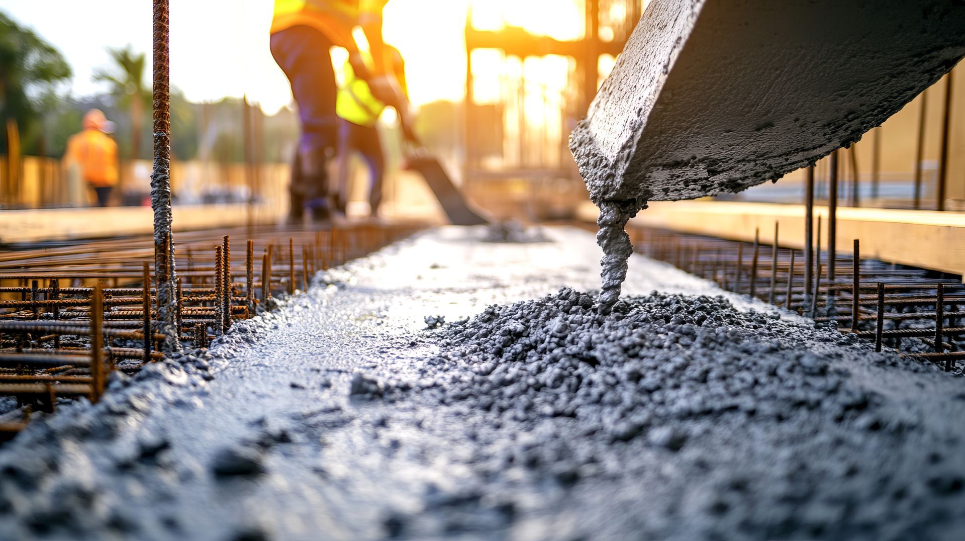 Concrete being poured on a construction site; workers in background, rebar visible, sun setting.