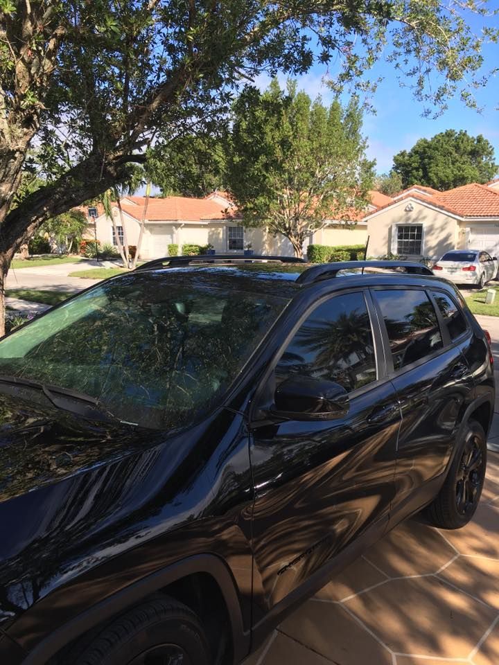 A black car is parked under a tree in a driveway.