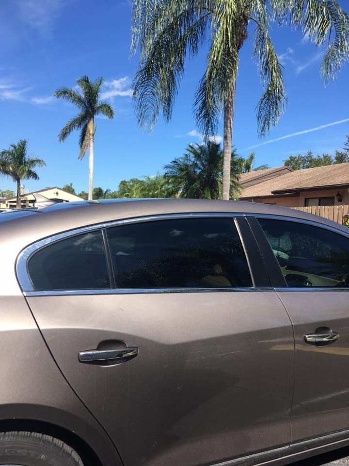 A car is parked in front of a palm tree