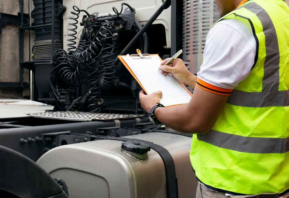 A Man in a Yellow Vest is Writing on a Clipboard in Front of a Semi Truck — Marx Forster Tyres & Mechanical In Forster, NSW
