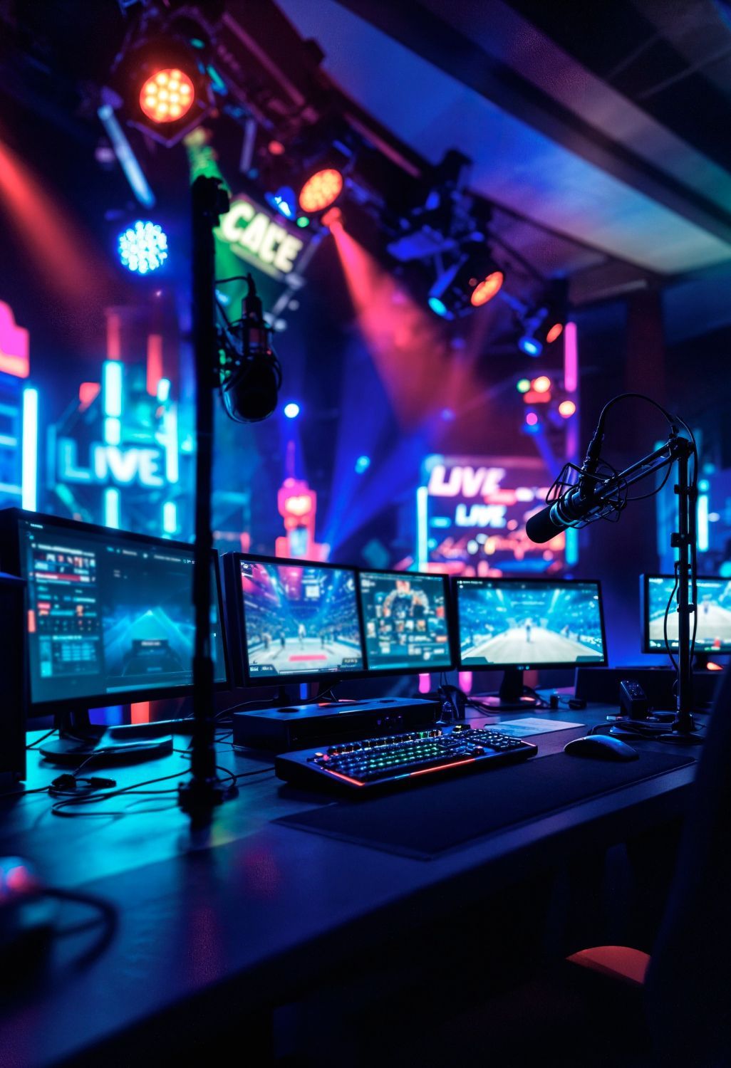Gaming live stream setup with multiple monitors, microphones, and stage lighting, in neon blue and pink hues.