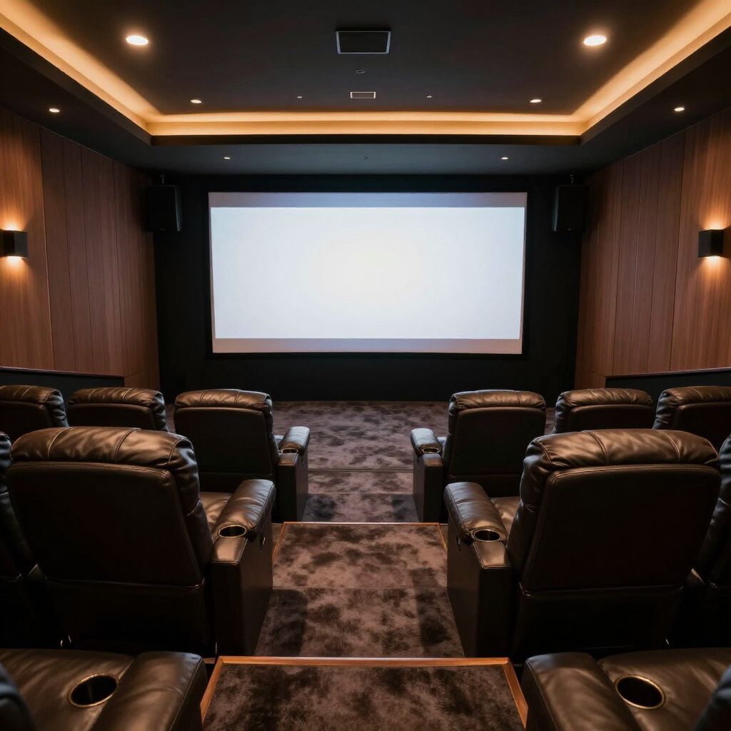 Home theater with leather recliners facing a blank screen; dark wood paneling, carpet, and ceiling lights.