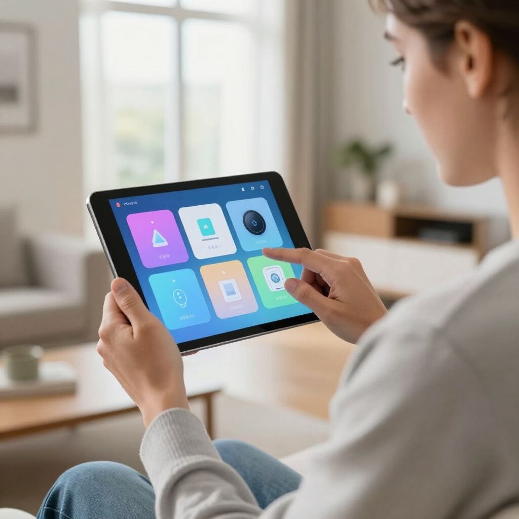 Woman using a tablet with smart home control interface while sitting in a living room.