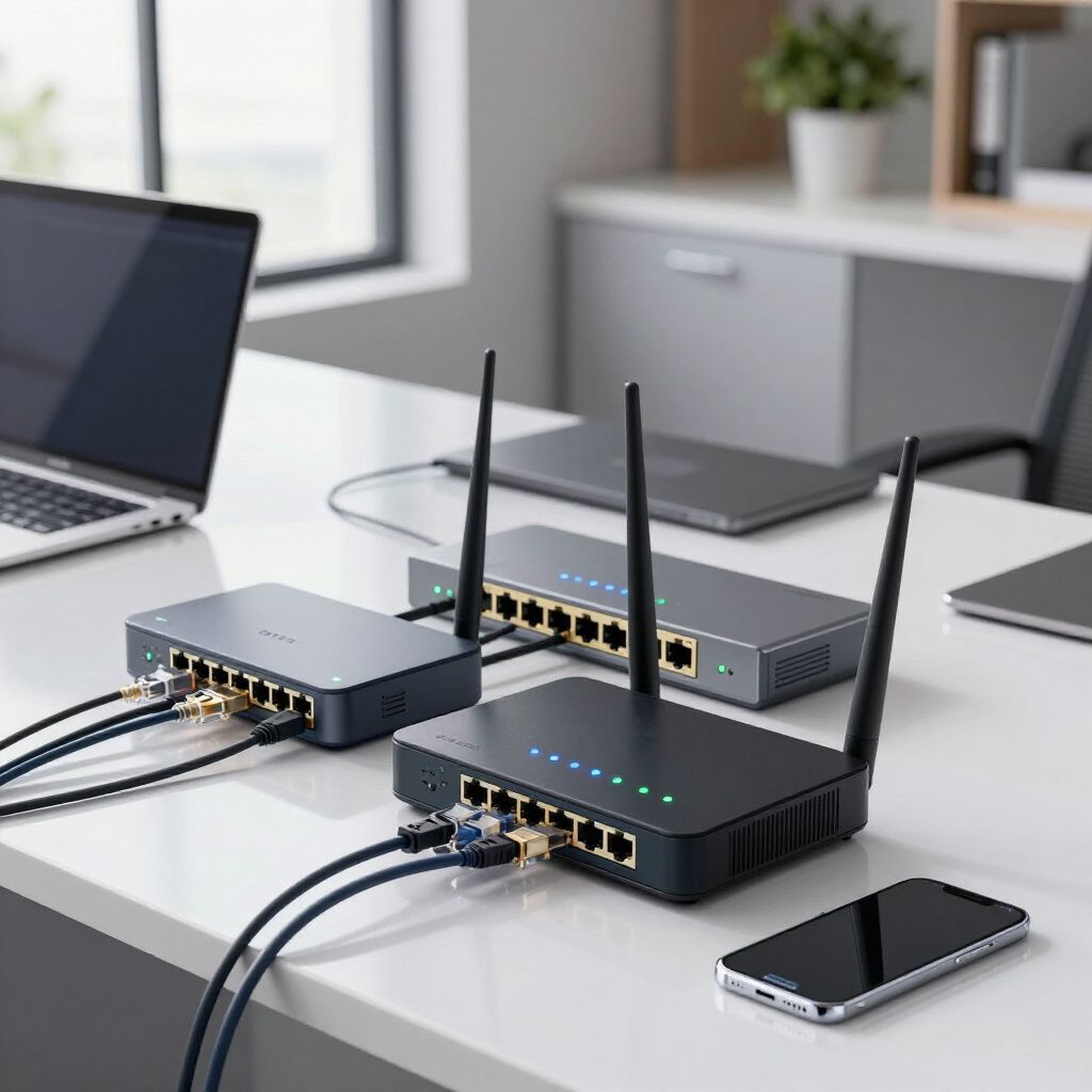 Routers and switches on a desk with a laptop and smartphone connected, modern office setting.
