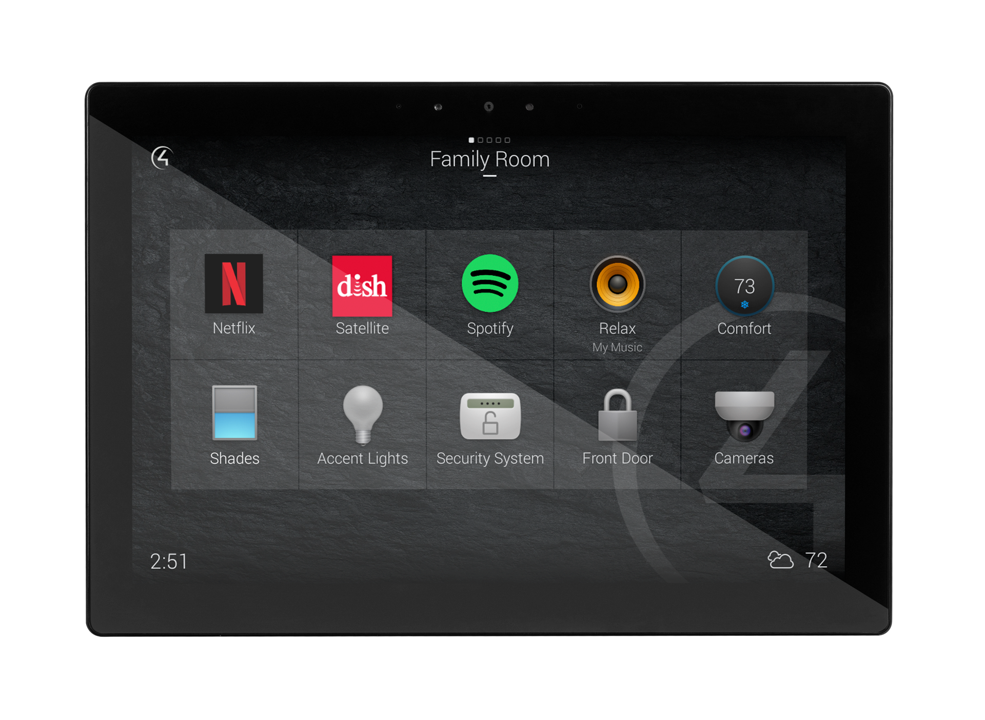 Black smart home control panel with app icons: Netflix, Dish, Spotify, Audio, Cameras, Power, Actions, Security, Front Door, and Cameras.