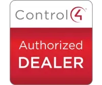 Control4 Authorized Dealer logo with white text on red and gray background.