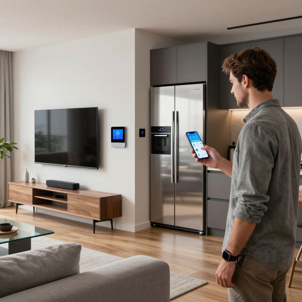 Man using a smartphone in a modern living room. Smart home setup with TV, fridge, and wall control panel.