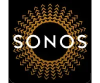Sonos logo: white text on black circle, surrounded by gold zigzag pattern.