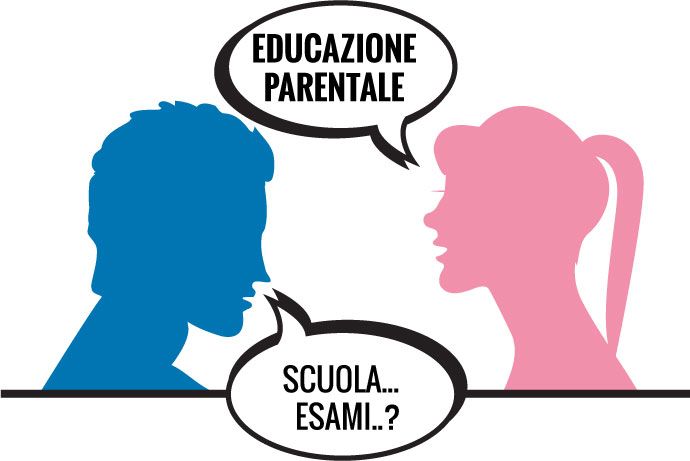 Un uomo e una donna parlano con fumetti che dicono educazione parentale