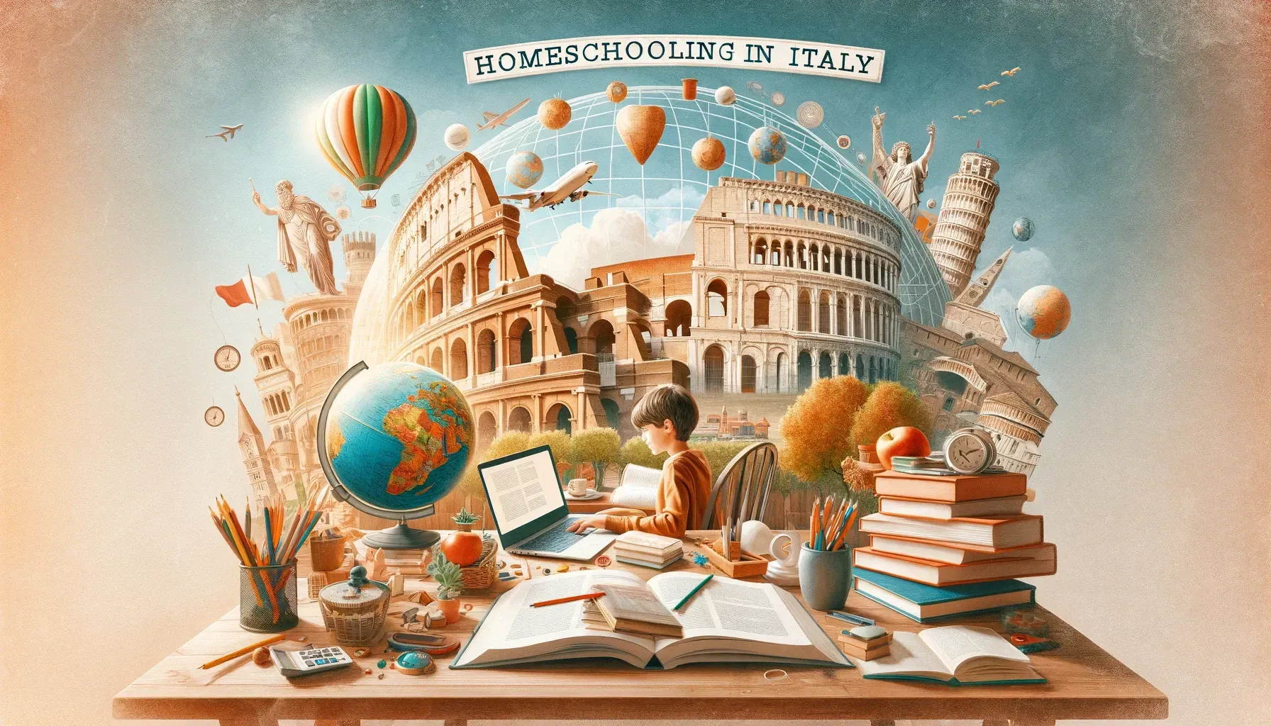 un ragazzo è seduto a un tavolo circondato da libri e un computer portatile .