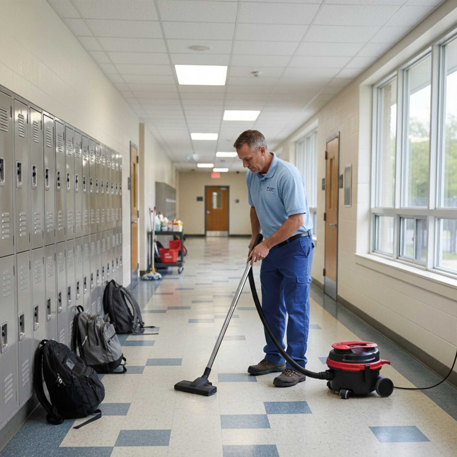 Meclean professionnel aspirateur PROVAC 12 aspiration en cours couloir bâtiment scolaire