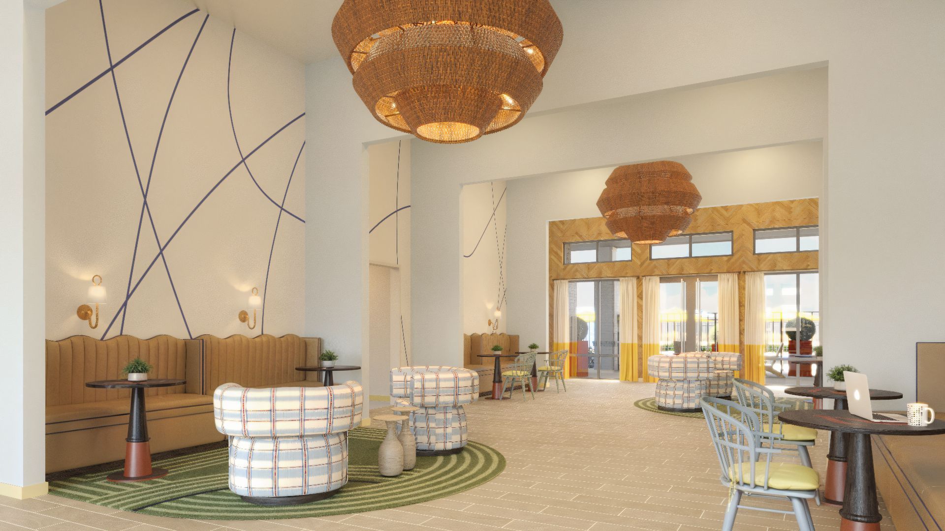 Bright hotel lobby with woven chairs, hanging pendant lights, and a large mirror-backed entrance.