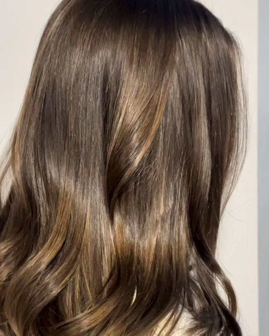 Shoulder-length, wavy brown hair with subtle, sun-kissed blonde highlights, viewed from behind.