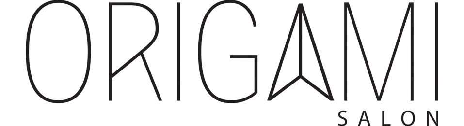 A black logo for Origami Salon featuring the word "ORIGAMI" with a stylized triangular A, and "SALON" beneath it.