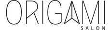 A black logo for Origami Salon featuring the word "ORIGAMI" with a stylized triangular A, and "SALON" beneath it.