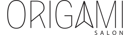 A black logo for Origami Salon featuring the word "ORIGAMI" with a stylized triangular A, and "SALON" beneath it.