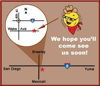 Map showing location near Interstate 8, with a sun mascot and text inviting visitors.