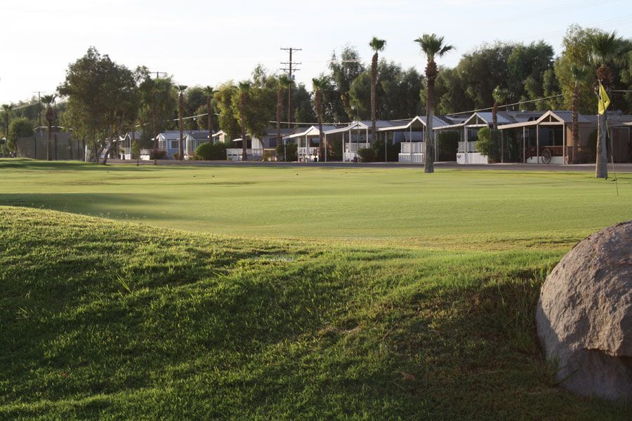 Green golf course with bungalows in background, under a blue sky.