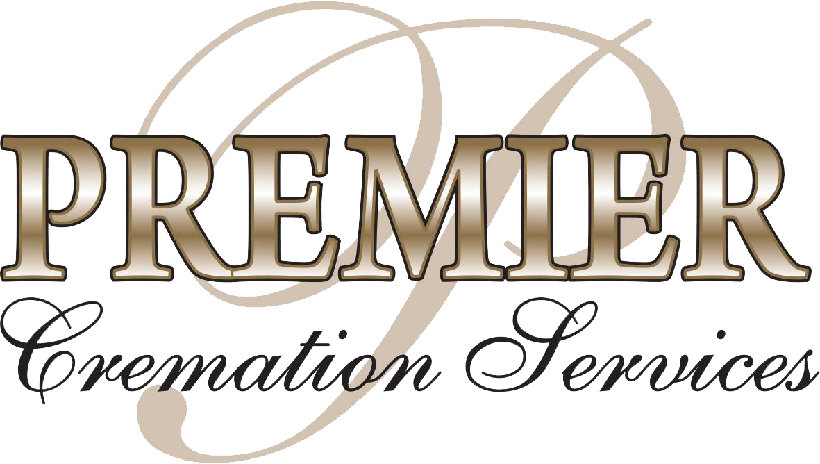 Premier Cremation Services logo in gold and brown script on a white background