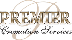Premier Cremation Services logo in gold and brown script on a white background