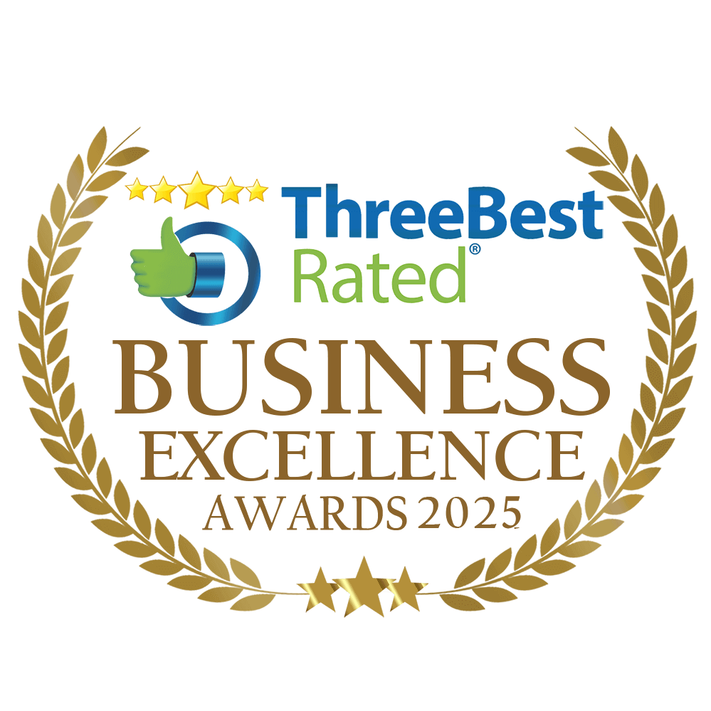 ThreeBestRated Business Excellence Award 2025 logo with thumbs-up icon, five stars, and laurel wreath.