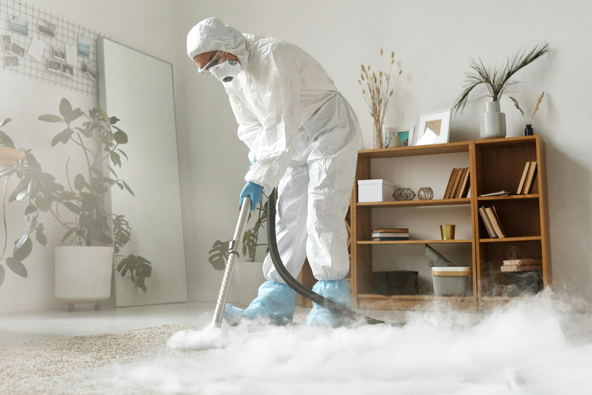 Professional in hazmat suit using steam cleaner on carpet.