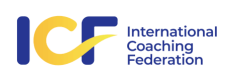The logo for the International Coaching Federation, featuring a stylized yellow wave between blue letters 