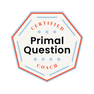 An octagonal badge with red and blue borders reading