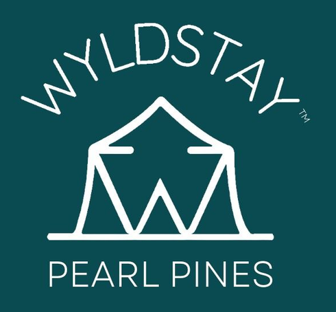White “WYLDSTAY” and “PEARL PINES” logo with a line-art tent on a teal background
