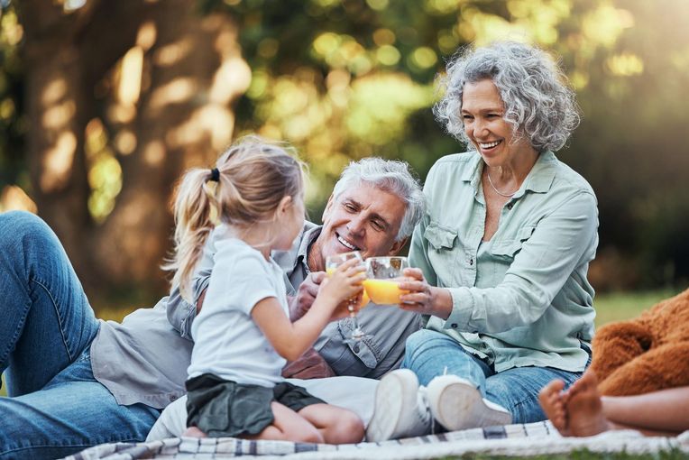 People sharing a picnic outdoors, smiling and holding drinks in a sunny park.