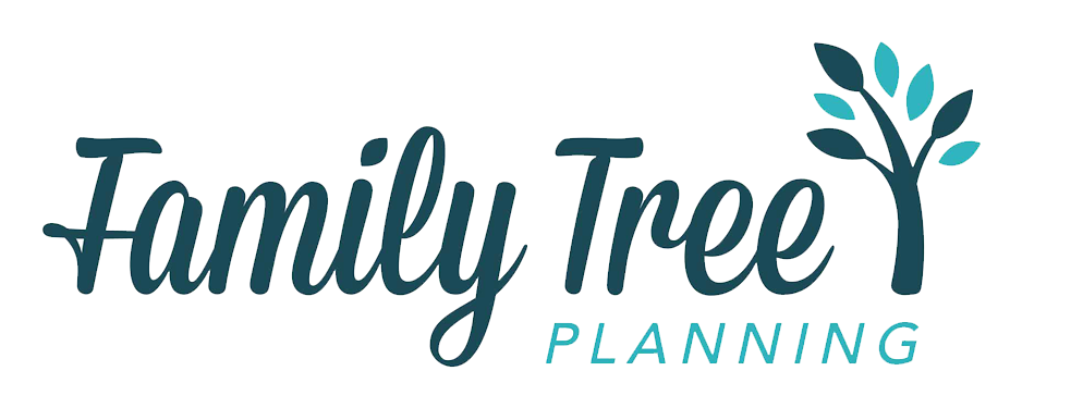 Family Tree Planning logo with teal script text and a small leafy branch icon