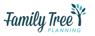 Family Tree Planning logo with teal script text and a small leafy branch icon