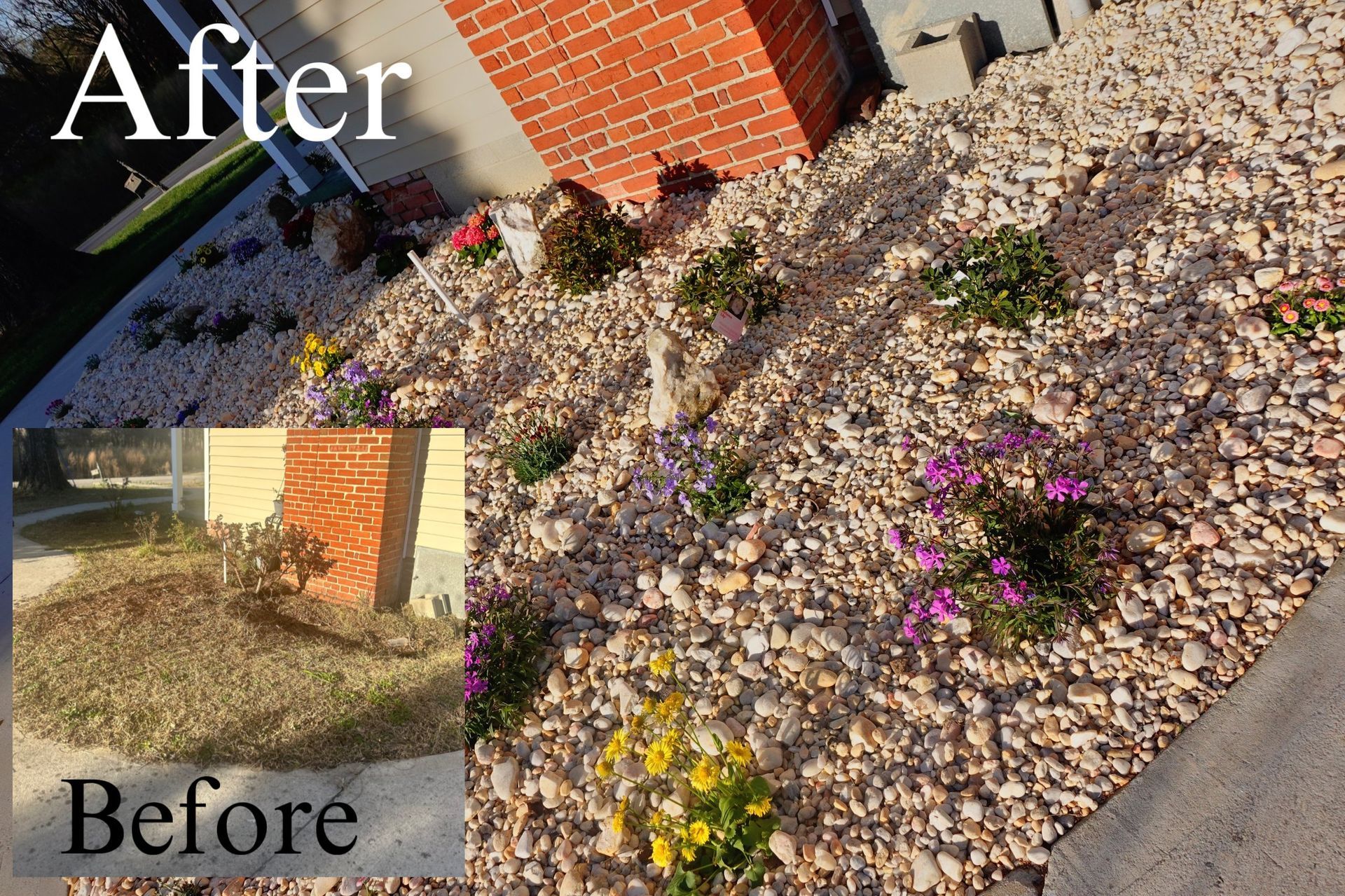 Before and after of a landscape bed; brown gravel with colorful flowers replaces dry, patchy grass.