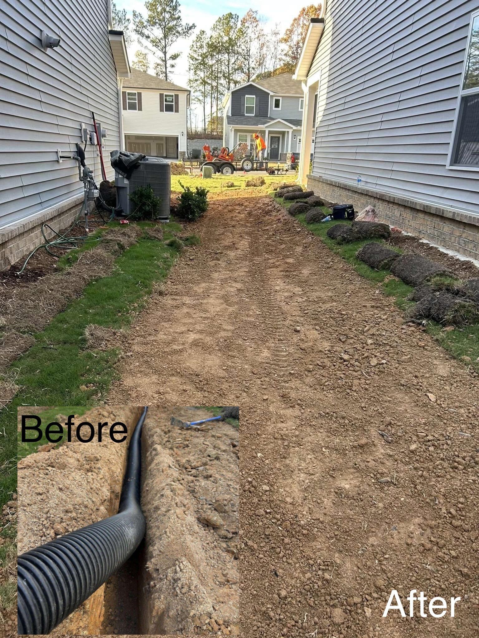 Gravel path between two houses; inset shows buried drainage pipe.