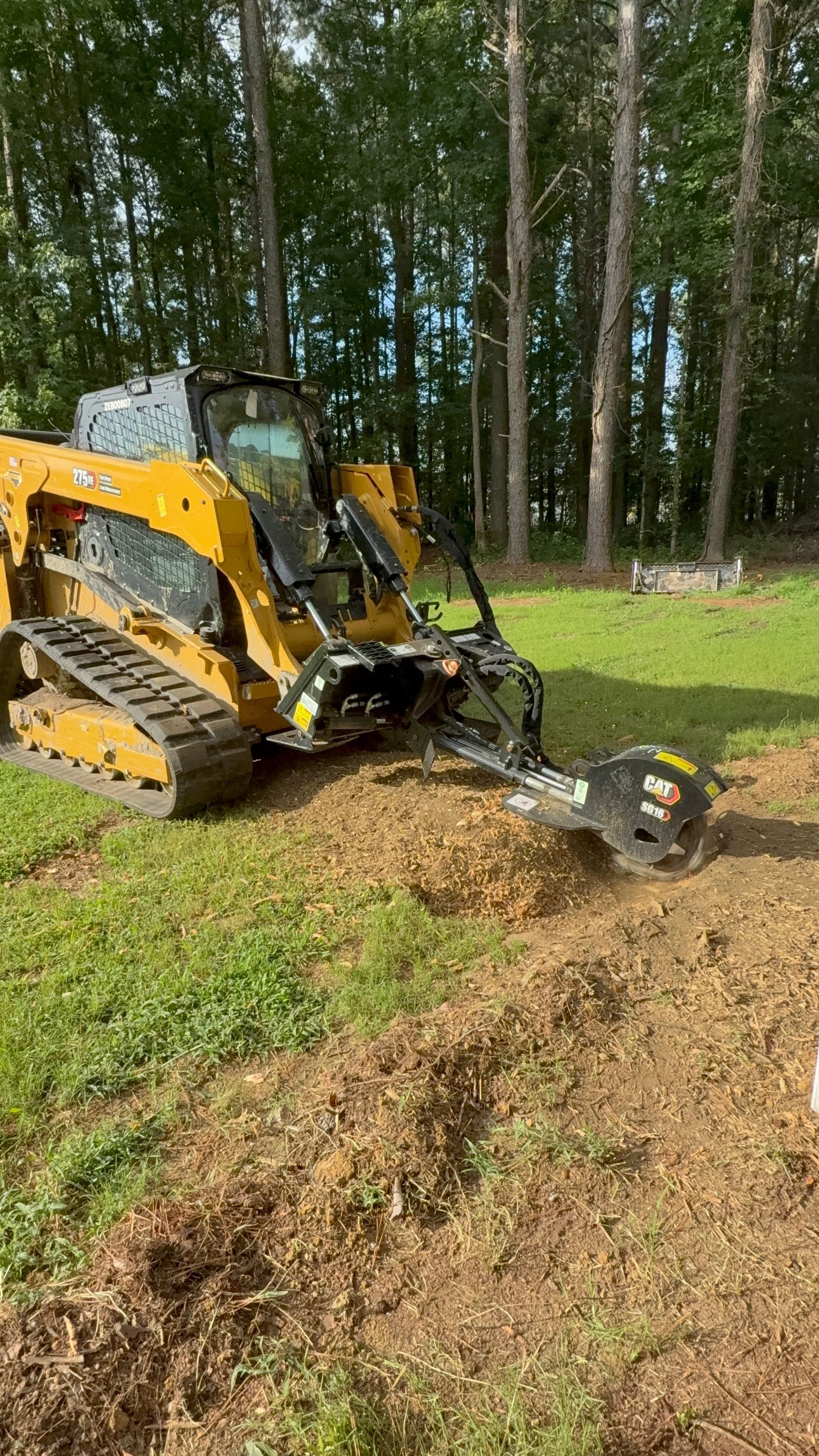 Yellow skid steer with forestry mulcher grinding wood on grassy land with trees.