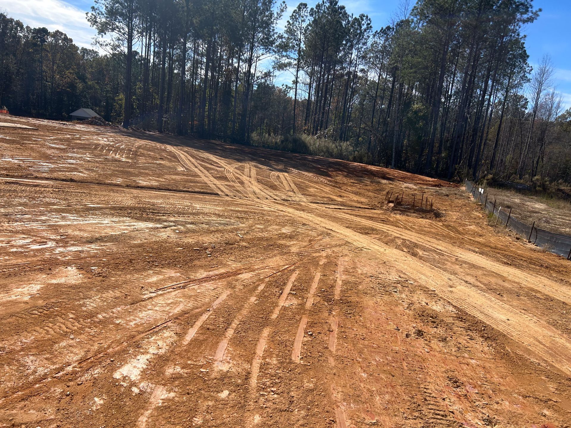 Dirt terrain with tire tracks, trees in the background, blue sky.