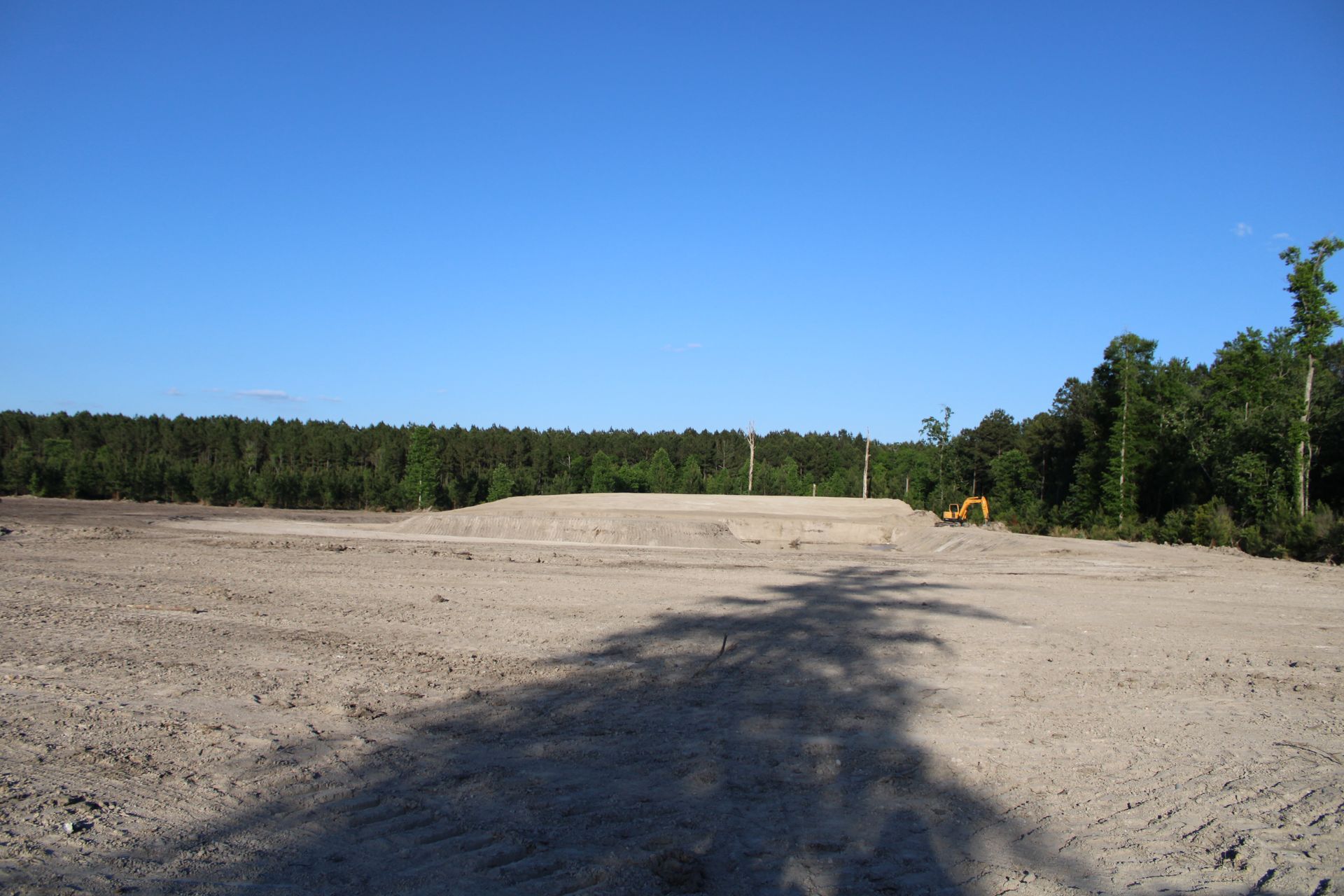 Open sandy clearing bordered by trees under a bright blue sky