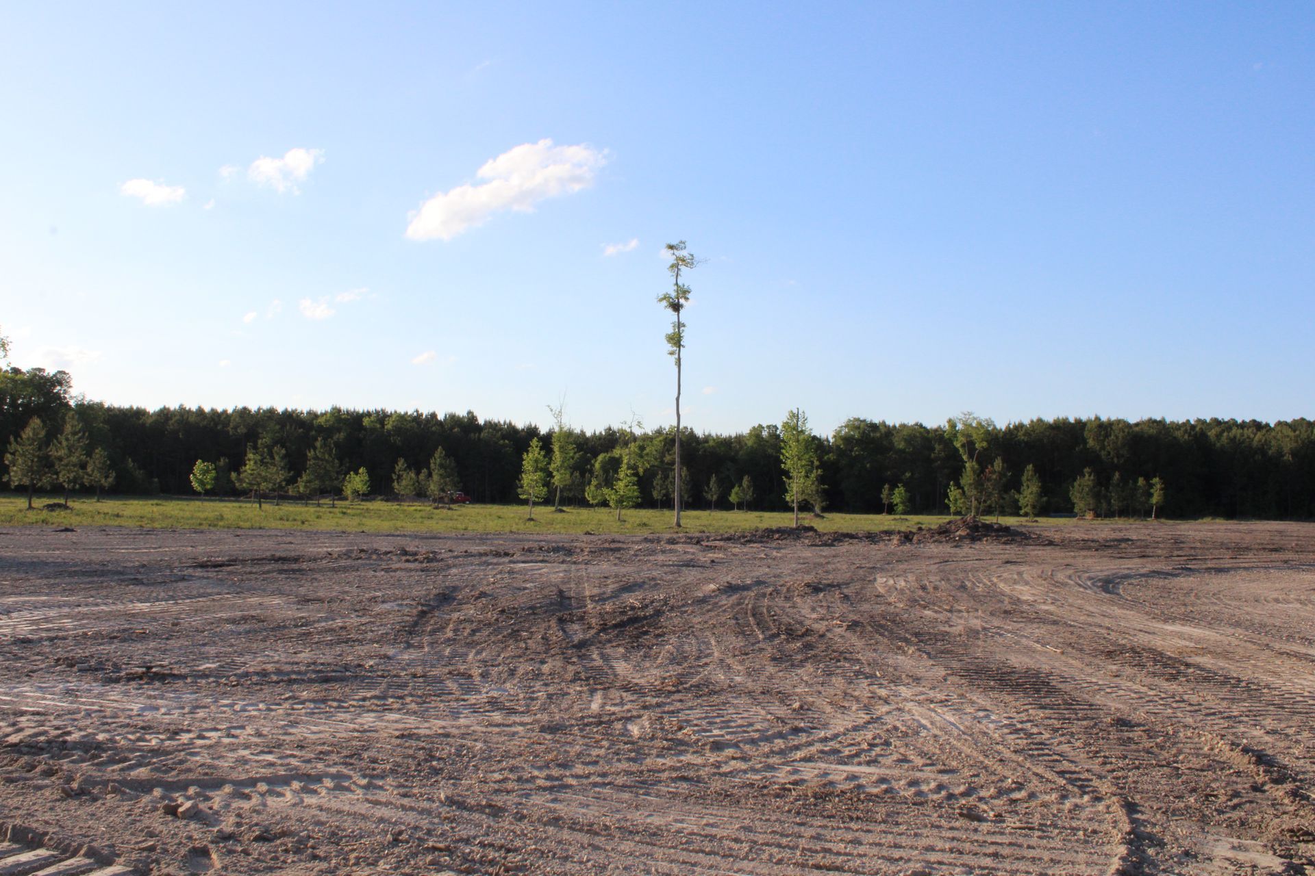 Cleared dirt lot with a tree line under a blue sky with scattered clouds