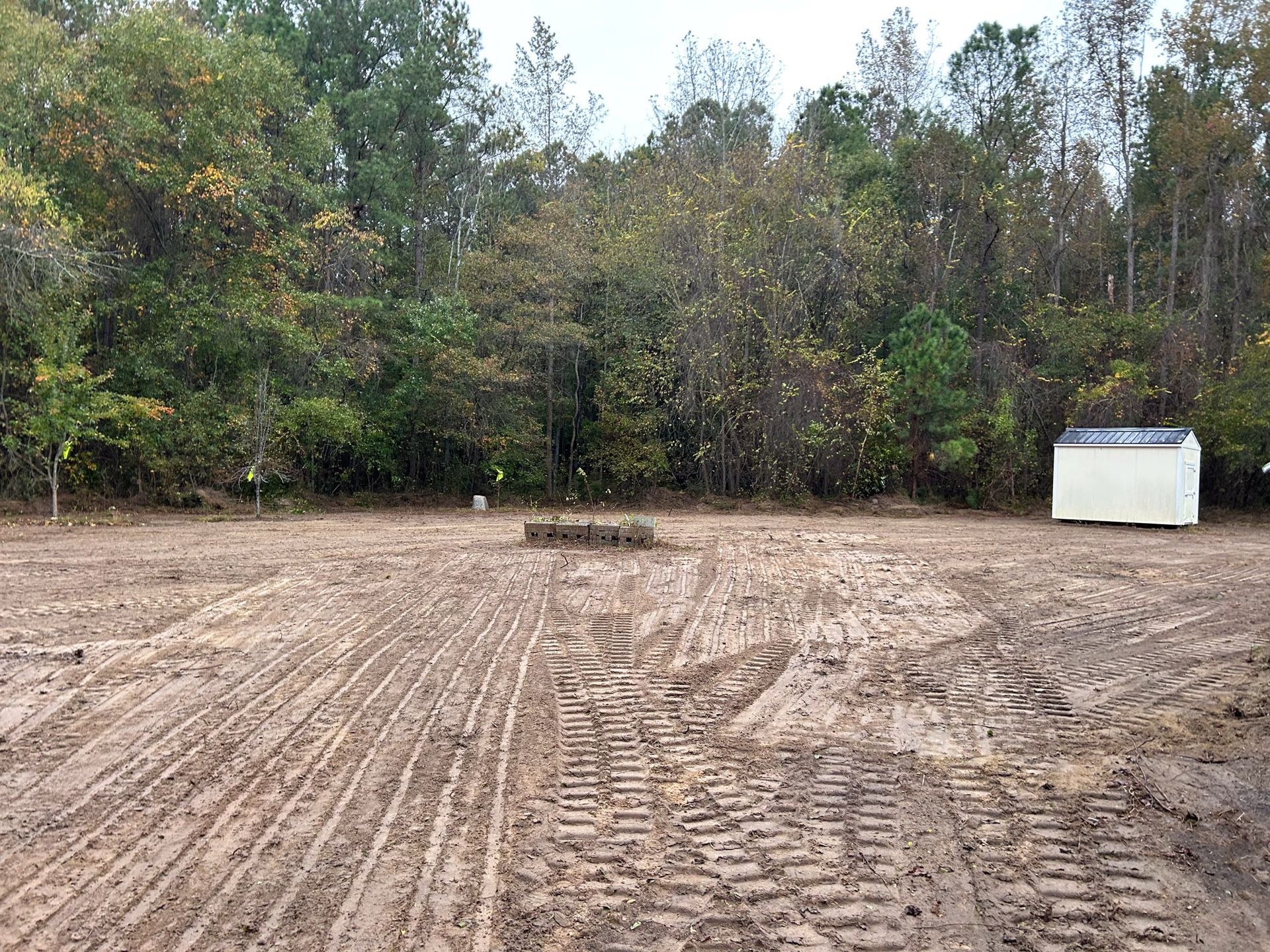A muddy lot with tire tracks, small shed, and trees in the background.