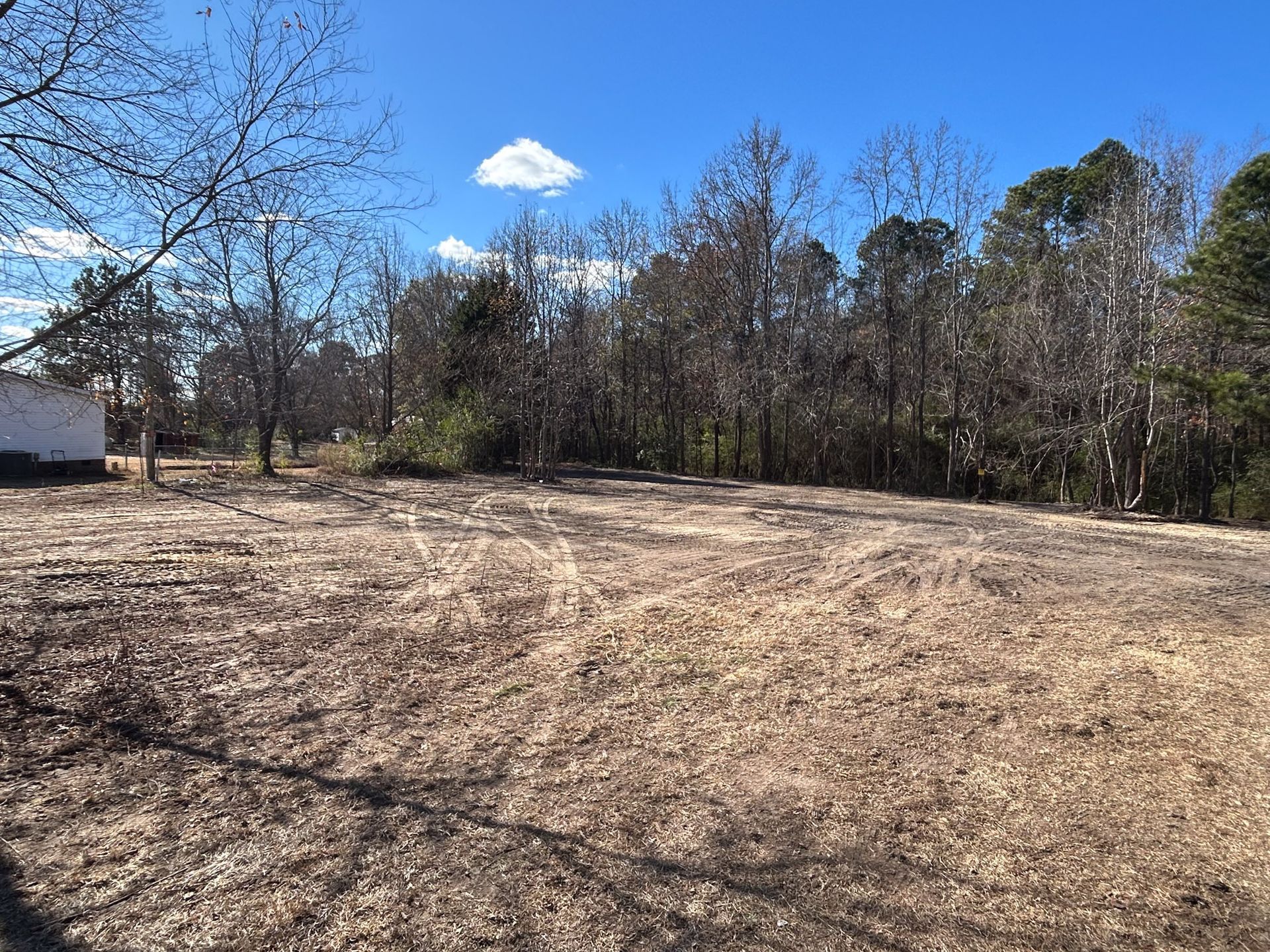 Cleared lot with brown grass and bare trees under a blue sky.