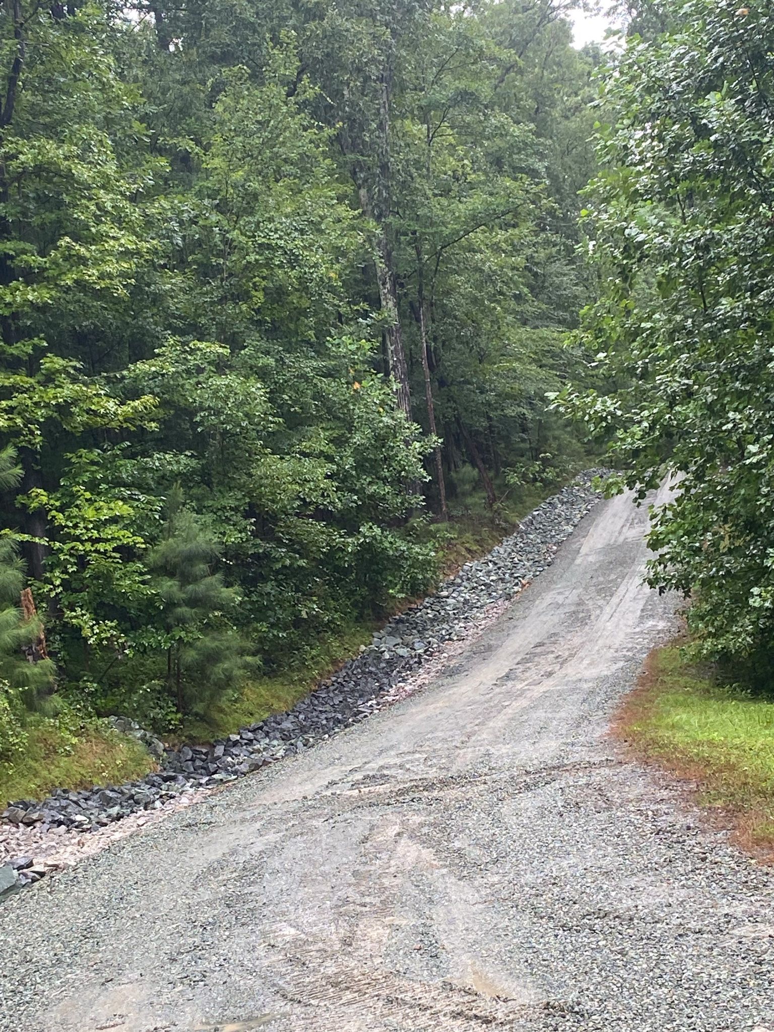 Gravel road winding uphill, bordered by dark rocks and dense green trees.