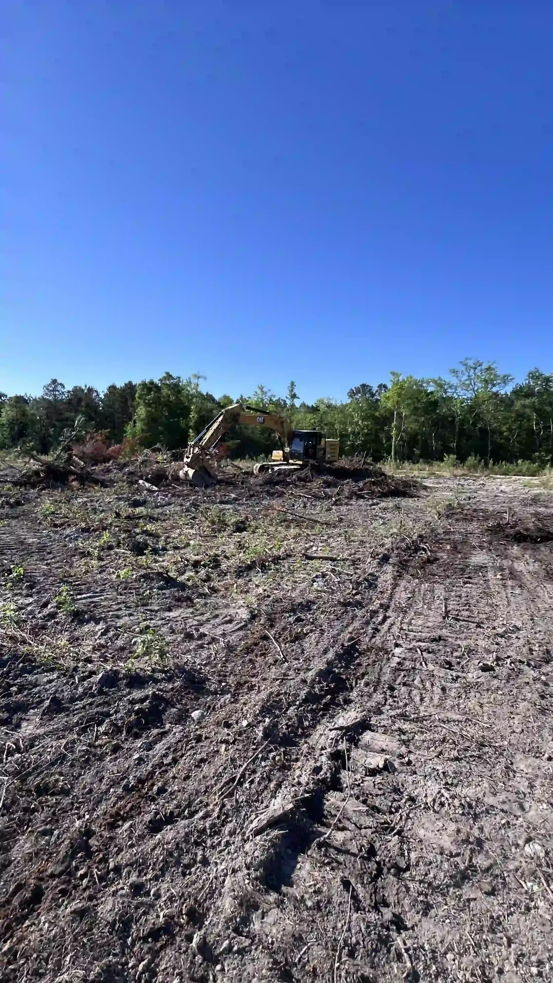 Rough dirt clearing with tire tracks, trees in the distance, and a clear blue sky