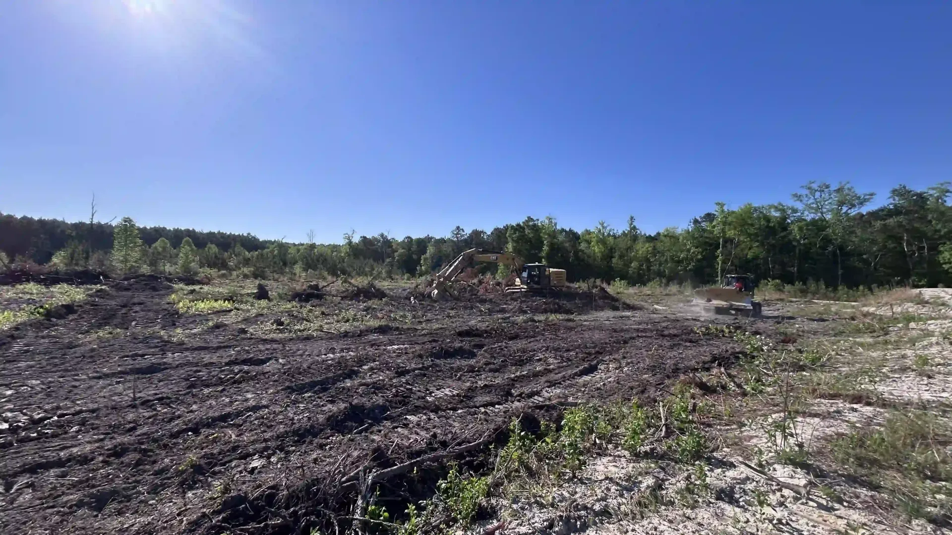 Cleared dirt field under blue sky with trees along the horizon