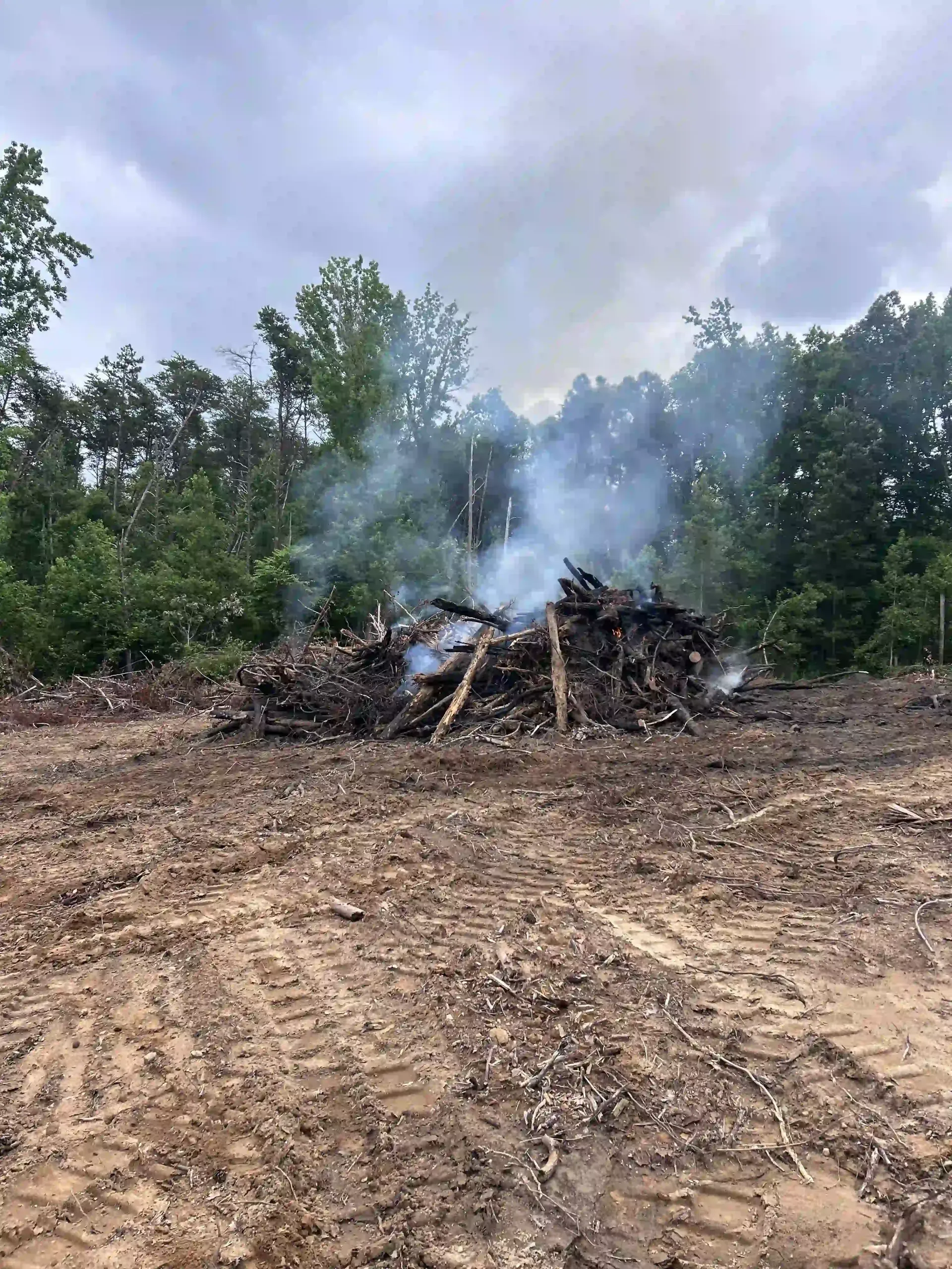 Smoke rising from a charred debris pile in a dirt clearing, surrounded by trees under a cloudy sky