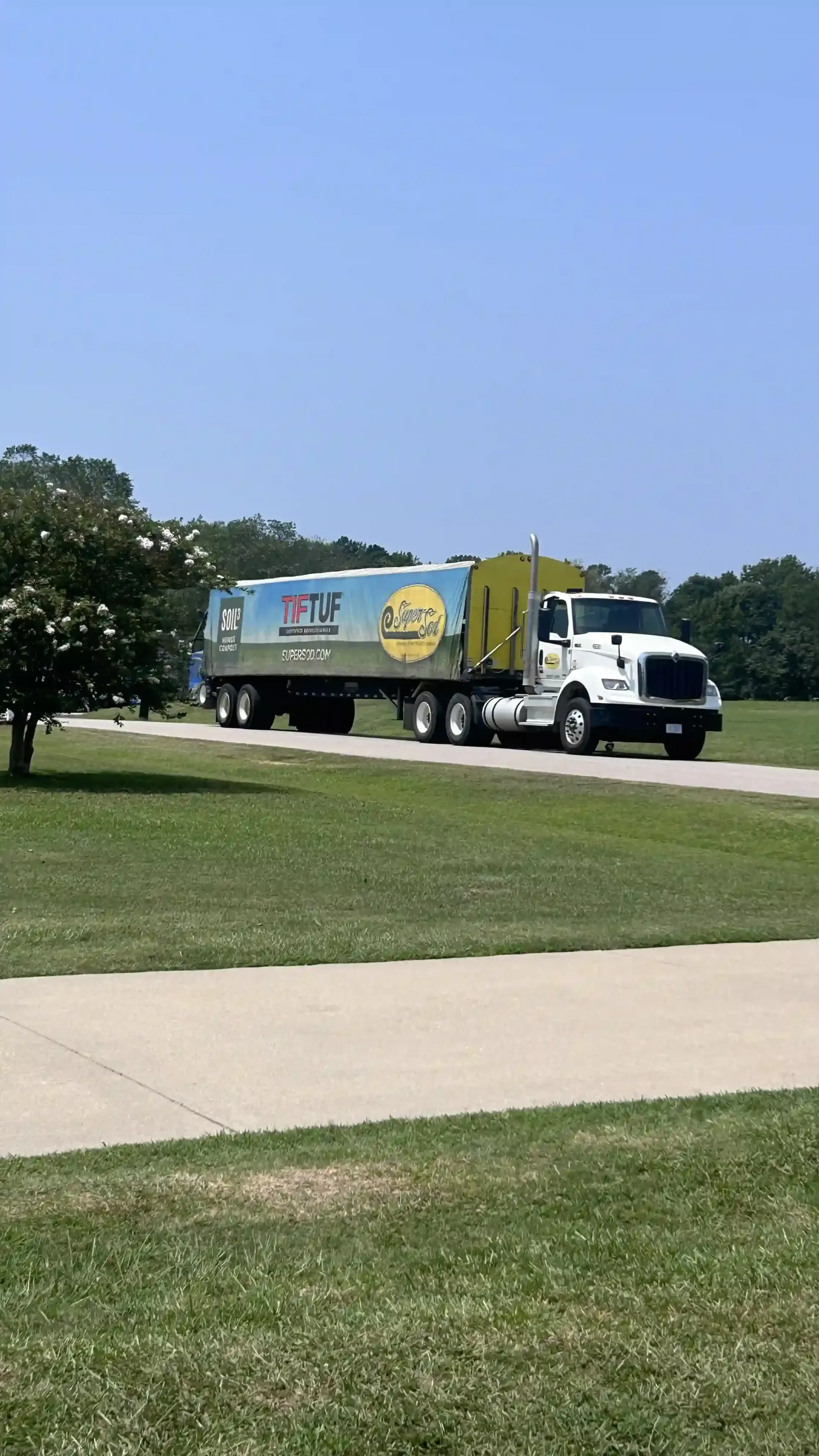 White truck with green trailer driving past a grassy park on a sunny day