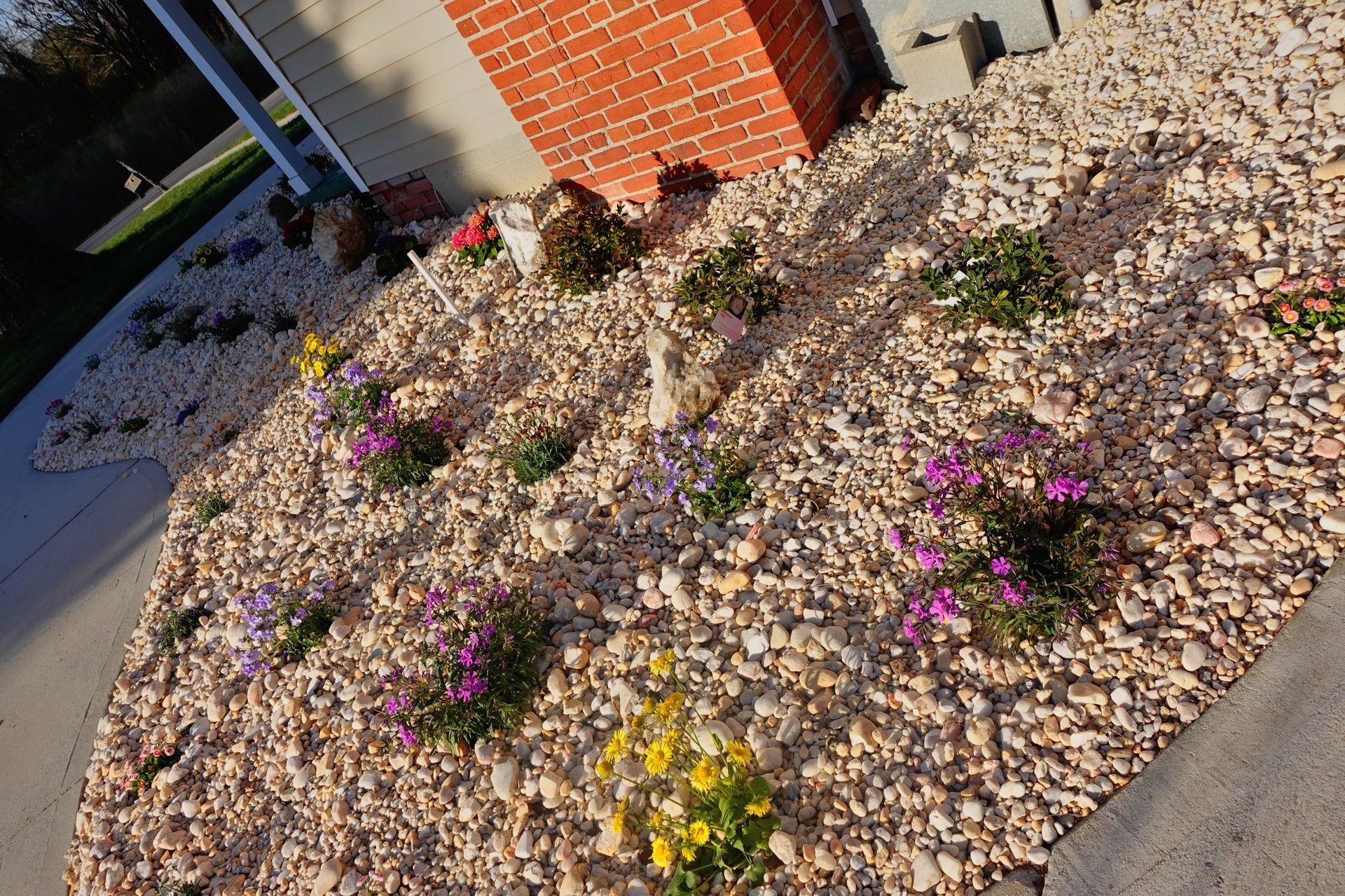 Flower bed with small purple and yellow blooms, covered in light brown gravel, by a red brick column.