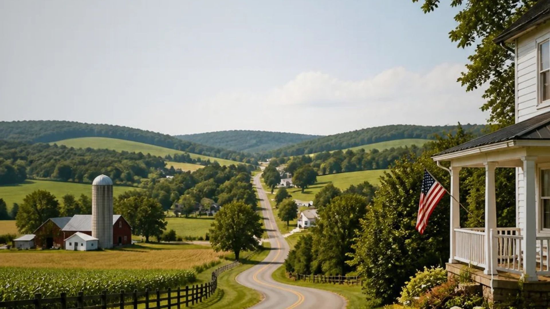 Rural Ohio farm country with a red barn, silo, and winding road seen from a farmhouse porch
