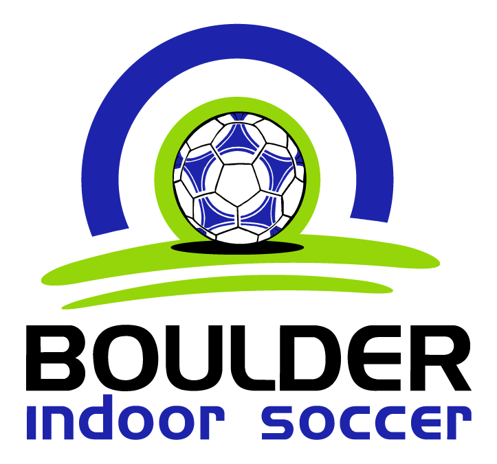 Logo for Boulder Indoor Soccer: soccer ball in green circle under a blue arch, with green curved lines, and black text.