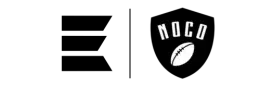 Logo for NOCO, featuring a shield with a rugby ball and 