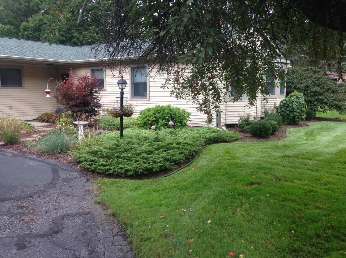 Tan house with green roof and manicured lawn. Landscaping includes shrubs and a bird bath. Driveway in foreground.